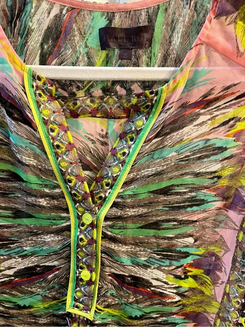 Hale Bob Pink Sleeveless Feather-Print Camisole with Green Accents